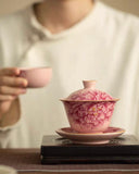 Pink Ru Ware "Peony Elegance" Sancai Gaiwan