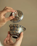 Gilded Silver "Ten Thousand Buddhas" Grottoes Sancai Gaiwan