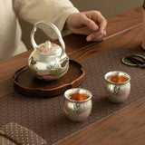 Silver-Inlaid "Butterfly & Floral" Beam Handle Tea Set | Handcrafted Ceramic Trio